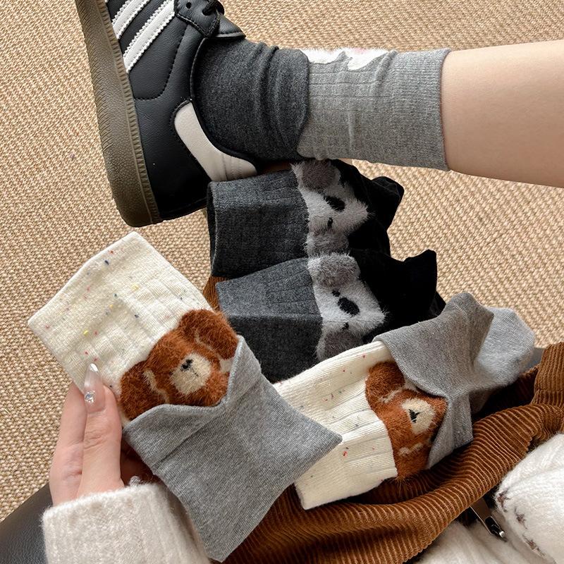 Flocked Cartoon Animal Socks Autumn Mid-Leg Socks Splicing Fake Two-Piece Stacked Socks Gray Socks
