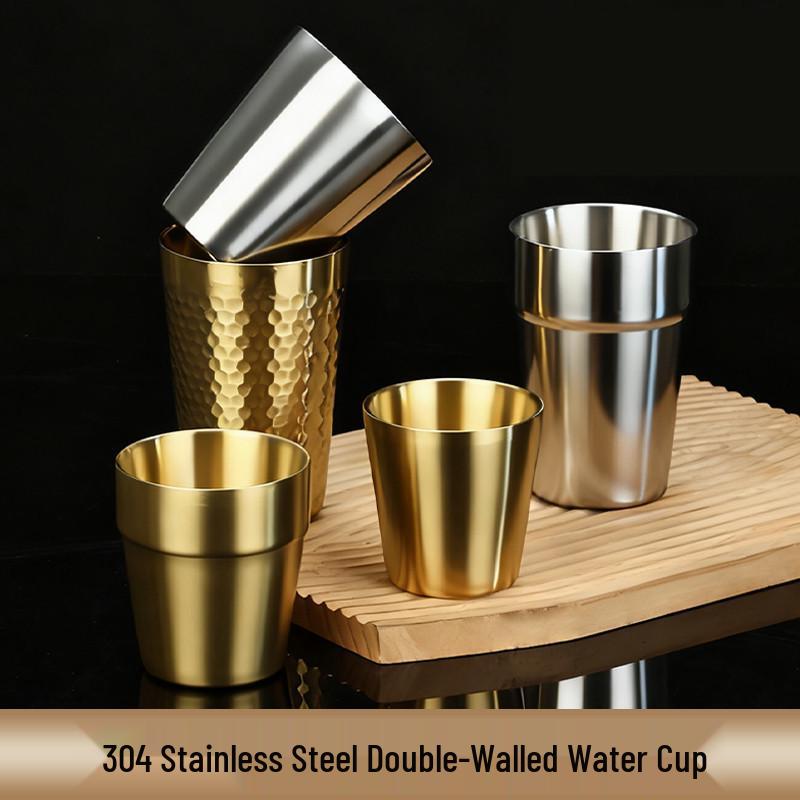 Korean Industrial Style 304 Stainless Steel Double-Walled Gold Beer Mug and Tea Cup