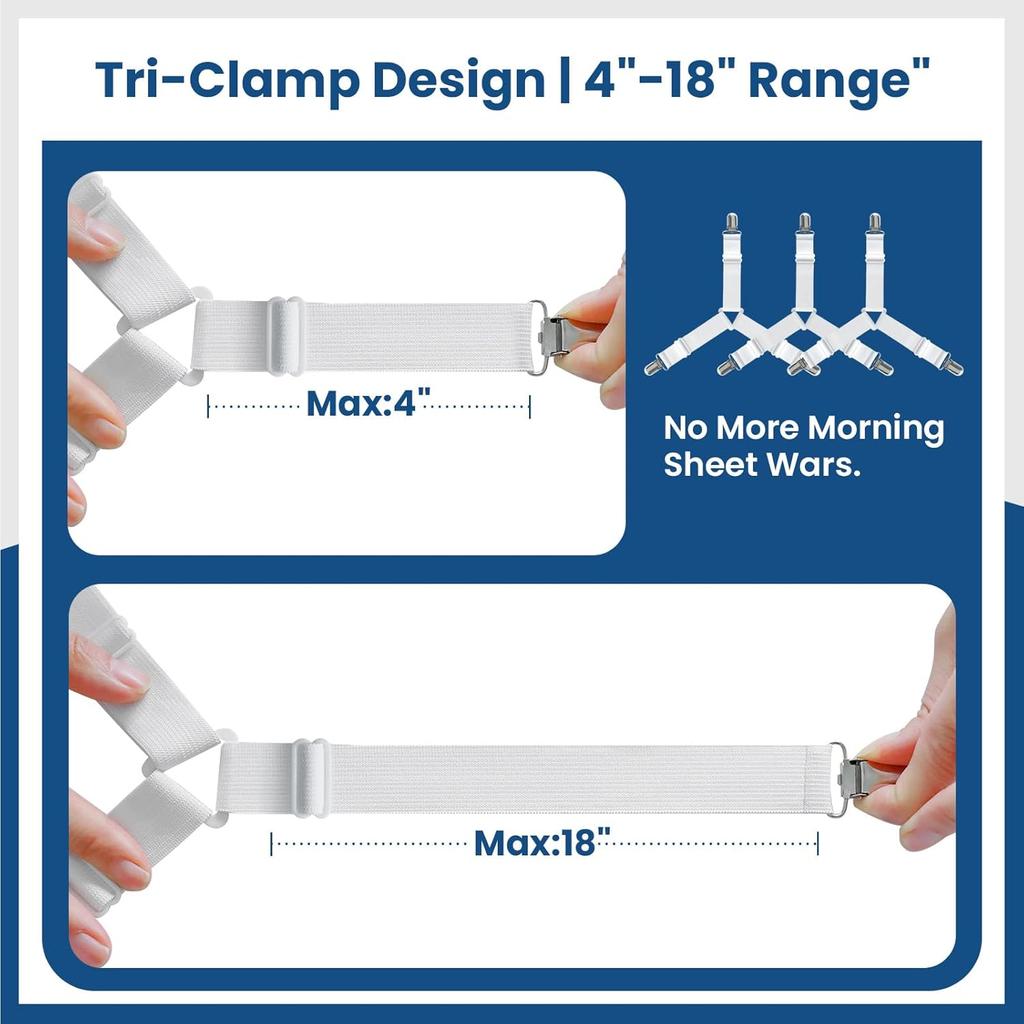4 PCS Bed Sheet Straps – Adjustable Corner Clips to Keep Fitted Sheets in Place – Mattress Sheet Holders and Suspenders – Fits Twin, Queen, and