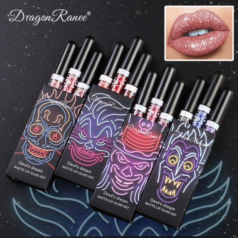 Halloween Lipstick Set 4 Colors Smakup Non-fading Lip Gloss Lip Makeup Matte Lipstick Shiny Lipstick Sparkling Black Lipstick Purple Lipstick