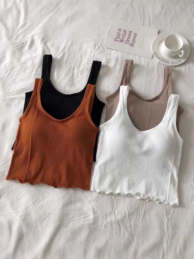 Girls' Solid Color Cropped Tank Top with Built-in Bra Pads - Versatile Inner or Outer Wear.