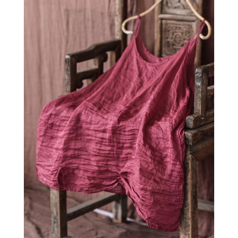 Women Vintage Solid Color Camis Summer Casaul Simple Loose Ramie Tops