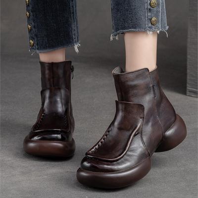 Fashion GKTINOO Round Toe Short Boots 2024 Autumn Winter New Genuine Leather Zip Retro Versatile Women Soft Sole Flat Shoes