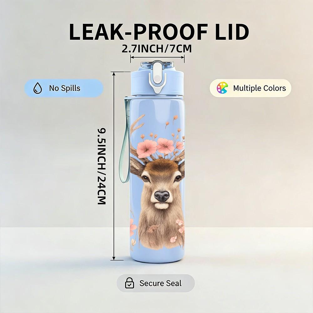 1PC Floral Deer Pattern 750ml Color Plastic Sports Water Bottle Leakproof Flip Straw Lid Suitable for Sports Office Home Use