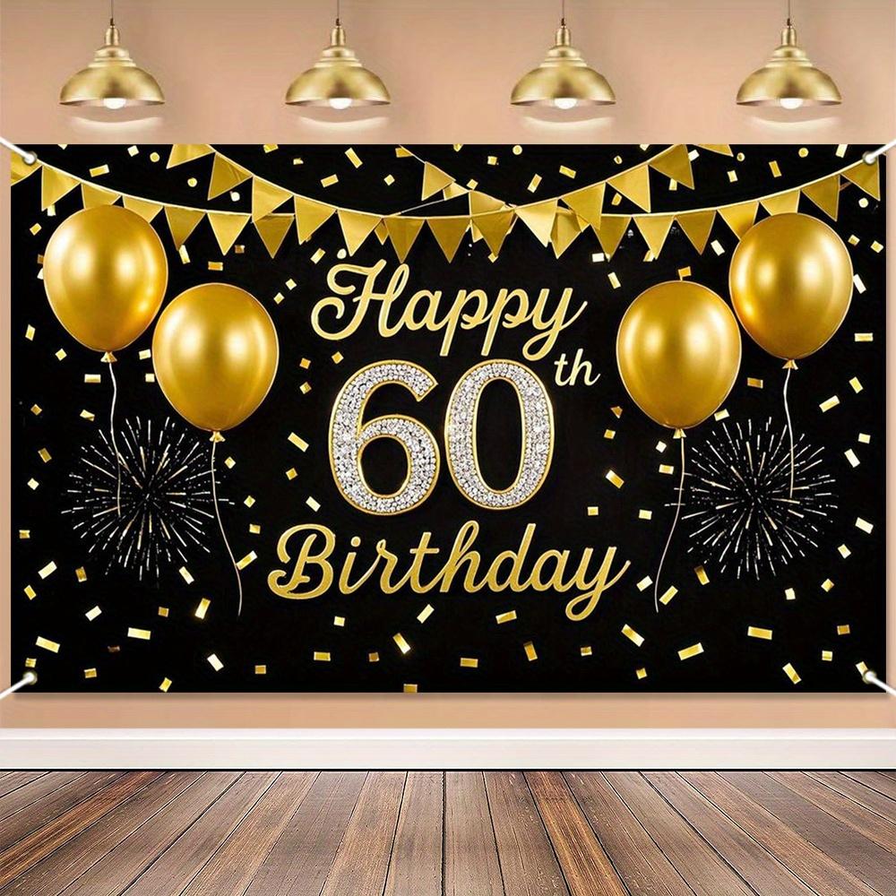 Black Gold 60th Birthday Banner - A dazzling Happy 60th Birthday sign featuring balloons confetti and fireworks designs 130x180 CM