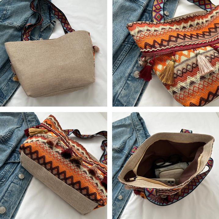 Canvas Tas 2026 Herfst Nieuw Westers Grote Capaciteit Etnische Stijl Handtas Modieuze en Minimalistische Temperament Handtas Dames Pendel Tote Bag
