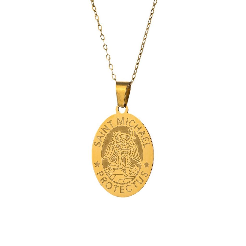 Einfaches Geometrisches Heiligenmedaille Anhänger Trendig Herren und Damen Retro Oval Schutzengel Halskette Zubehör
