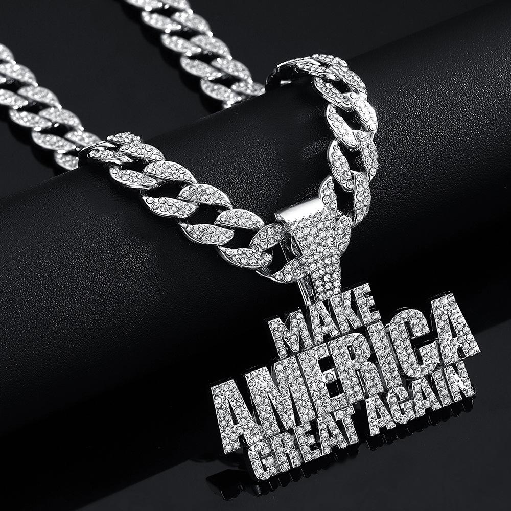 Explosive Make America Create AGAIN Full Diamond Letter Alloy Pendant Hip Hop Men's Necklace