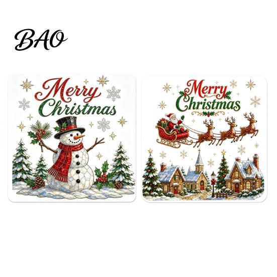 Shopping Mall Christmas Stickers 2Pcs Wall Stickers, Snowy Cottage Tree Self Adhesive Decals, Waterproof PVC Party Snow Scene Holiday Decals for Home
