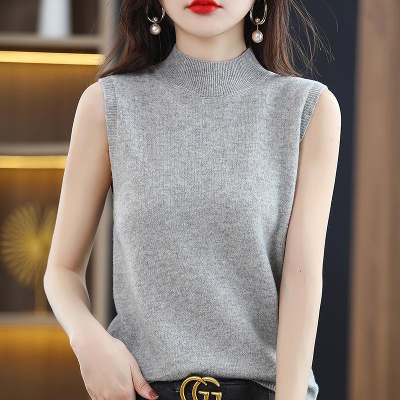 Women's Sleeveless High Neck Loose Knit Top - Black Autumn Base Layer