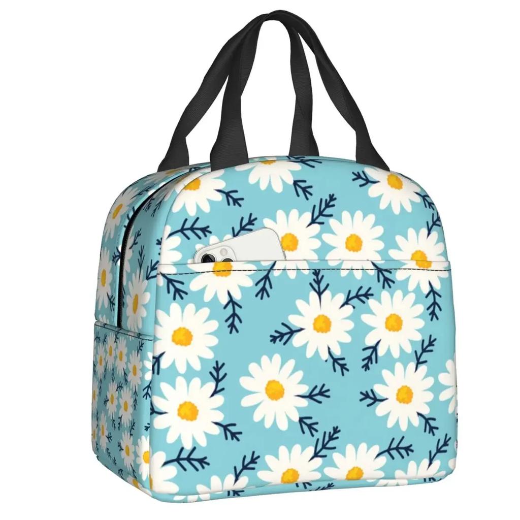 Beautiful Flower Daisy Lunch Bag Chamomile Floral Portable Cooler Thermal Insulated Bento Box For Women Children Food Picnic Bag