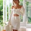 Knitted Beach Top + Skirt Hollow-out Knitted Blouse Long Sleeves Tops + Skirt Beach Women's Summer
