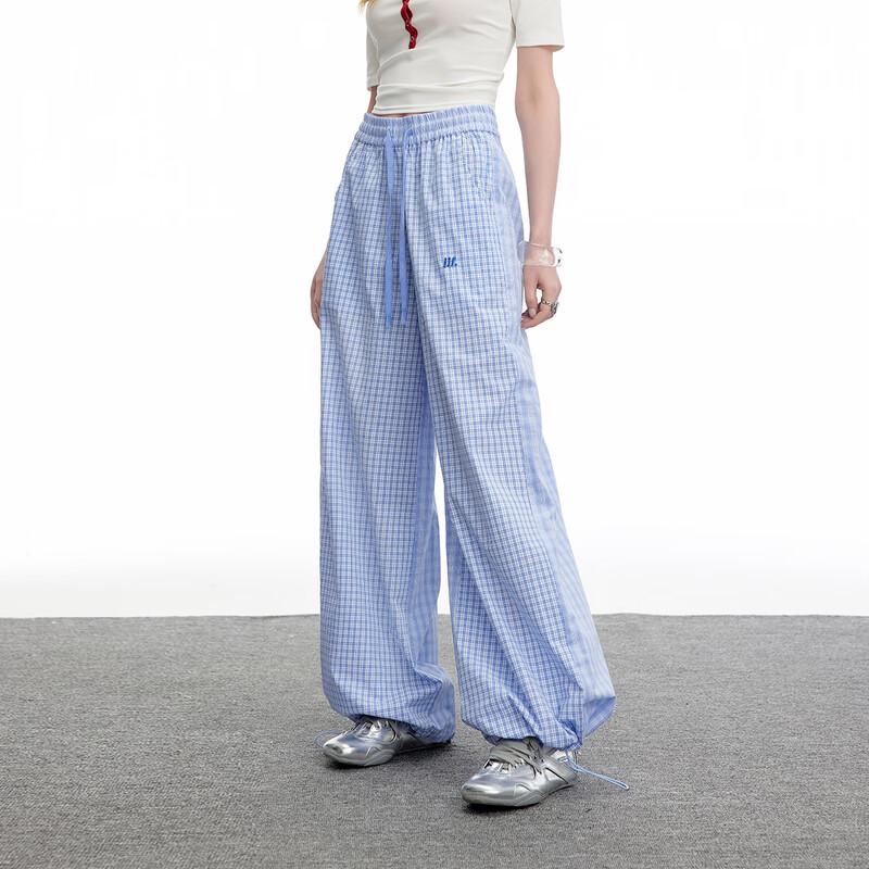UNIFREE Blue Plaid Casual Wide-Leg Pants
