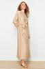Women's Fashion New Hijab Dress Light Brown Wide Belted Zipper Cuffed Woven Linen Look Dress