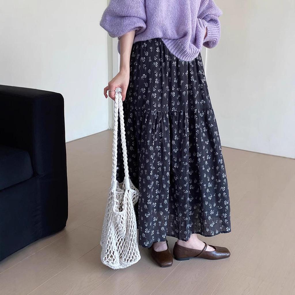 Korean Retro Floral Print Midi Skirt for Women - 2025 Spring/Summer Elastic Waist A-Line Umbrella Skirt