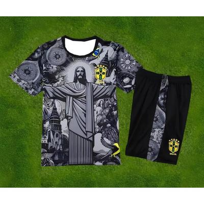 Streetwear Set for Adults and Kids Brazil Christ The Redeemer Short Sleeve T Shirt Shorts Summer Football Tracksuit