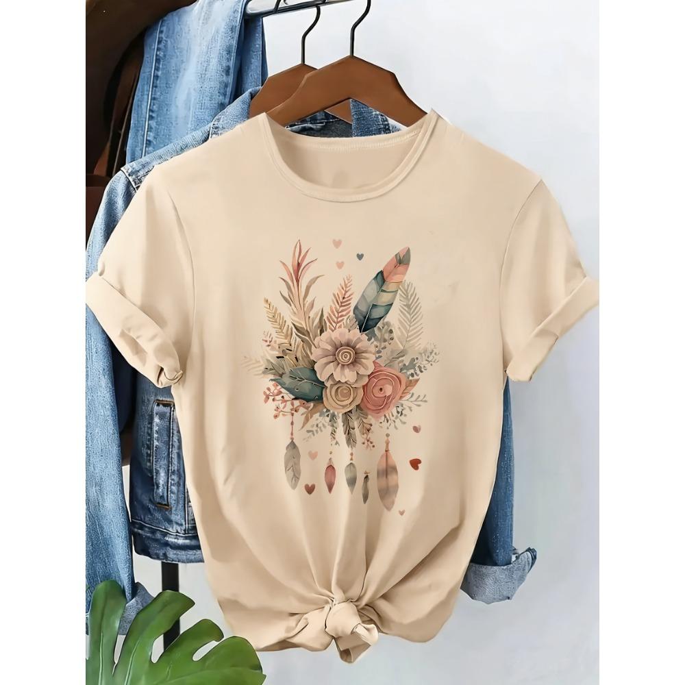 

90s T Shirt Love Heart Feather Graphic Print T-shirt Short Sleeve Crew Neck Casual Top Summer Spring Women s Clothing Top Tee M