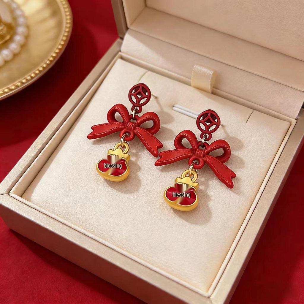 Red Bow Tassel Earrings: Festive & Fashionable High-End Chinese Style for Women