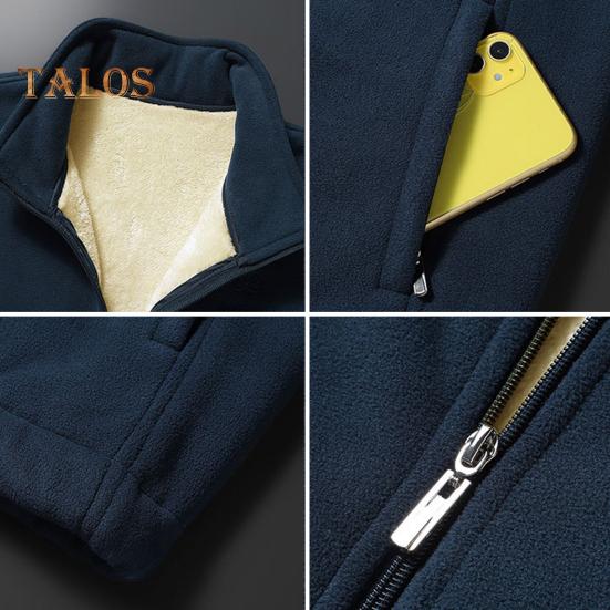 Men Jacket Stand Collar Long Sleeve Thickened Velvet Lined Warm Winter Coat with Pockets Zipper Placket Cotton Jacket