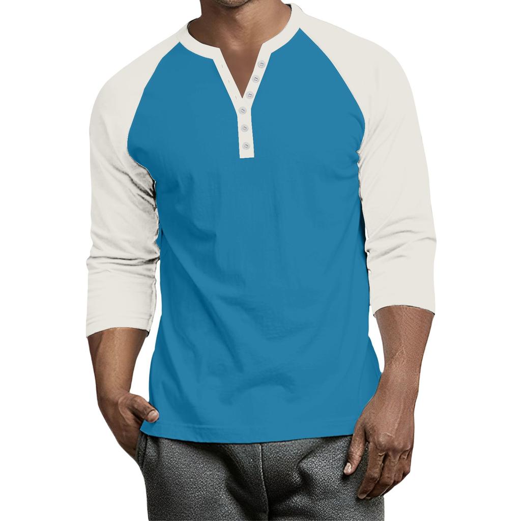 Men's Button-Down Contrast Raglan 3/4 Sleeve Top