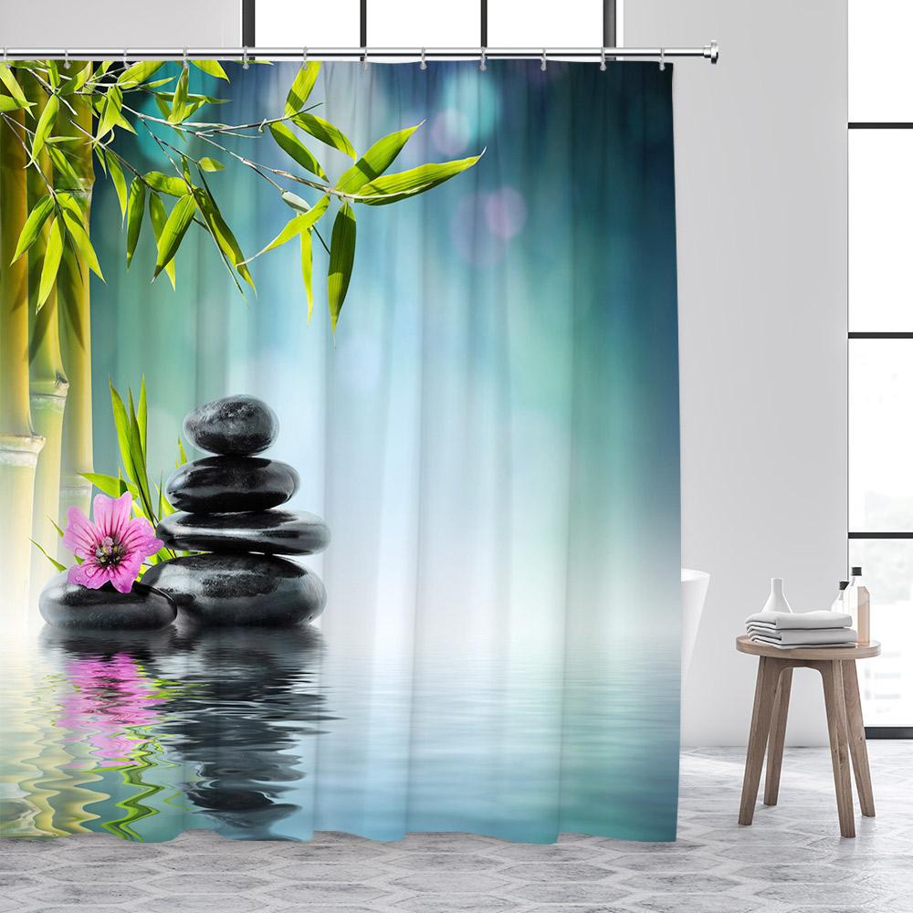 Zen Shower Curtain Green Bamboo Buddha Pink Orchid Lotus Swan Spa Nature Scenery Bathroom Curtains Fabric Home Decor with Hooks