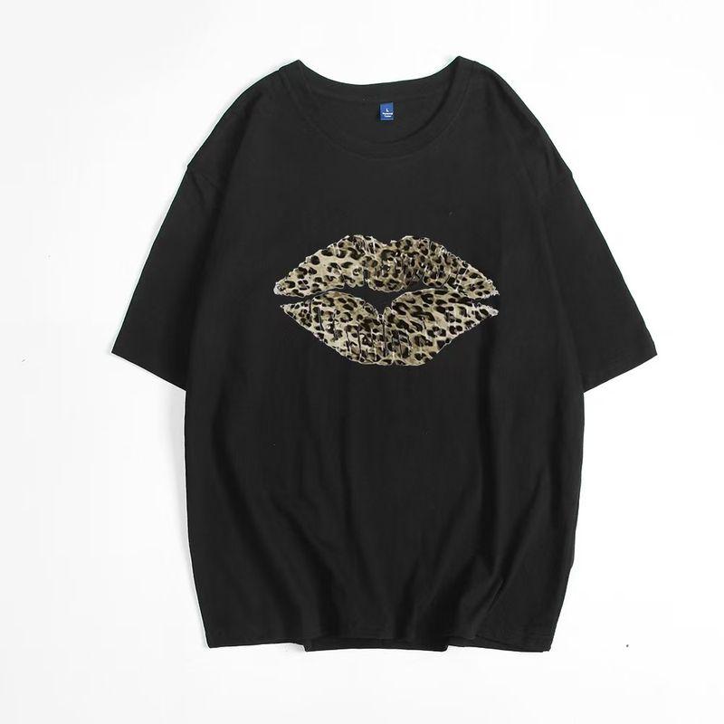 

European and American Fashion Leopard Print Print Overfit t-shirt Top Casual Printed Cotton T-shirt Top Black XL