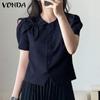 VONDA Damen Casual Rundhals Kurzarm Krawatte Einfarbig Lose Bluse