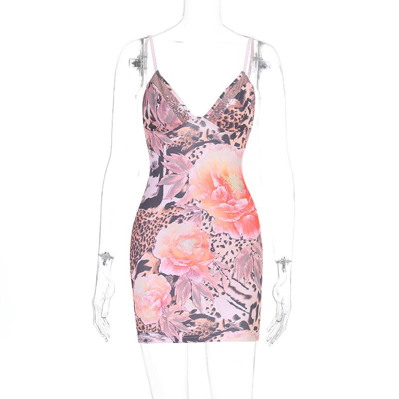 New European and American 2026 printed pleated casual vacation bead suspender dress XS