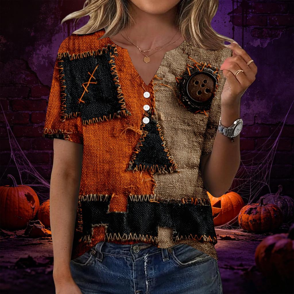 Women’s Fashion Casual Halloween Print V Neck Short Sleeve Decorative Button T Shirt Top for Autumn Daily Wear