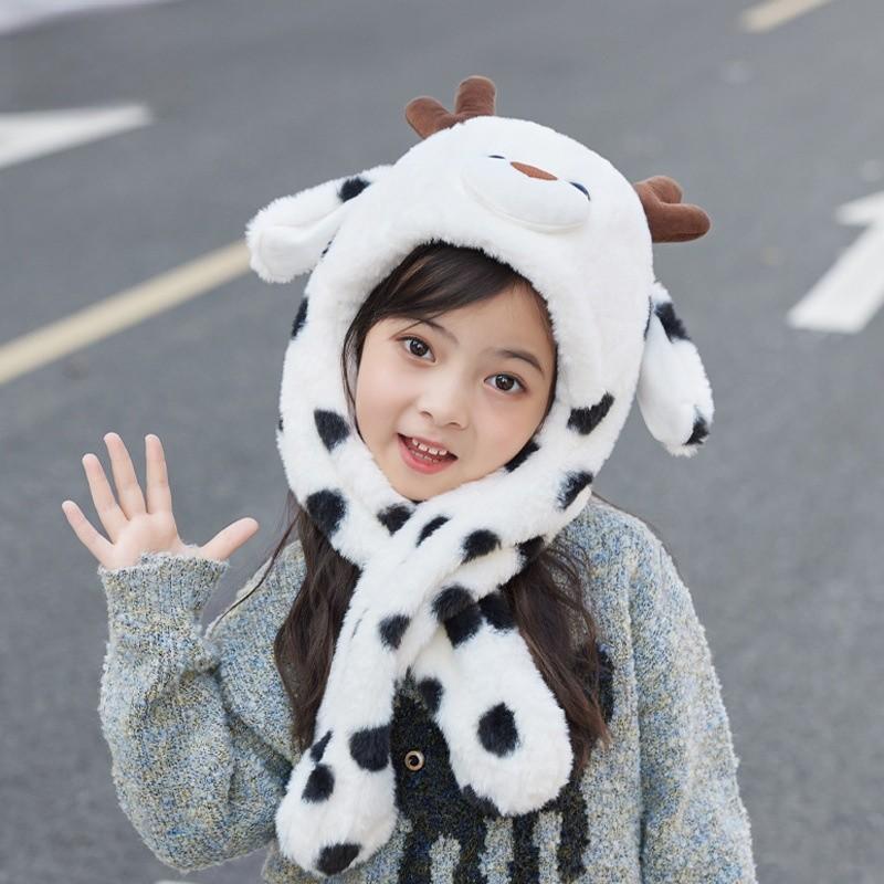 Childrens Cute Cartoon Hat With Moving Ears And Warm Neck Wrap For Snow Days