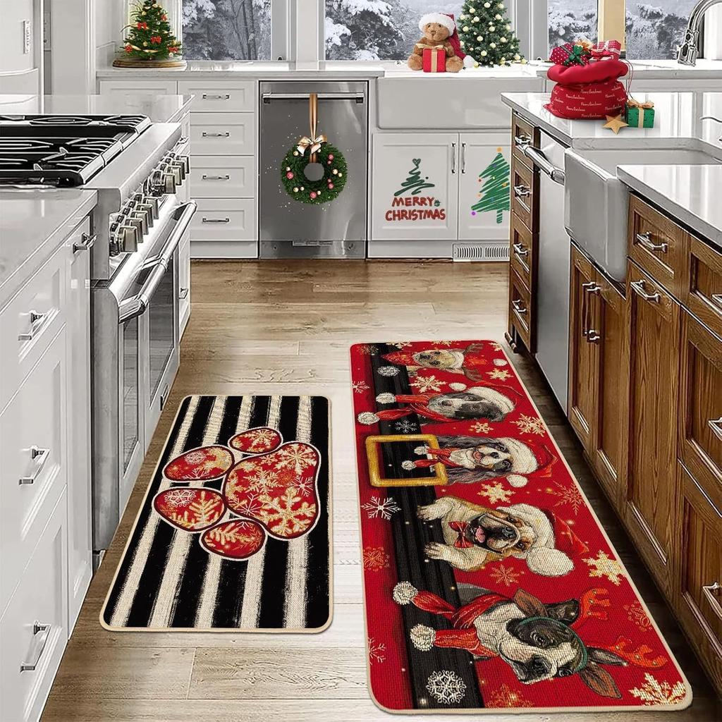 2pcs Christmas Atmosphere Floor Mat Non-slip Stain-resistant Bathroom Mat Kitchen Rug for Holiday Home Decoration