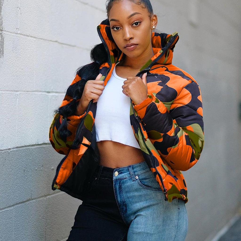 Unisex Long Sleeve Glossy Camouflage Bread Down Jacket Zipper Pockets Coat