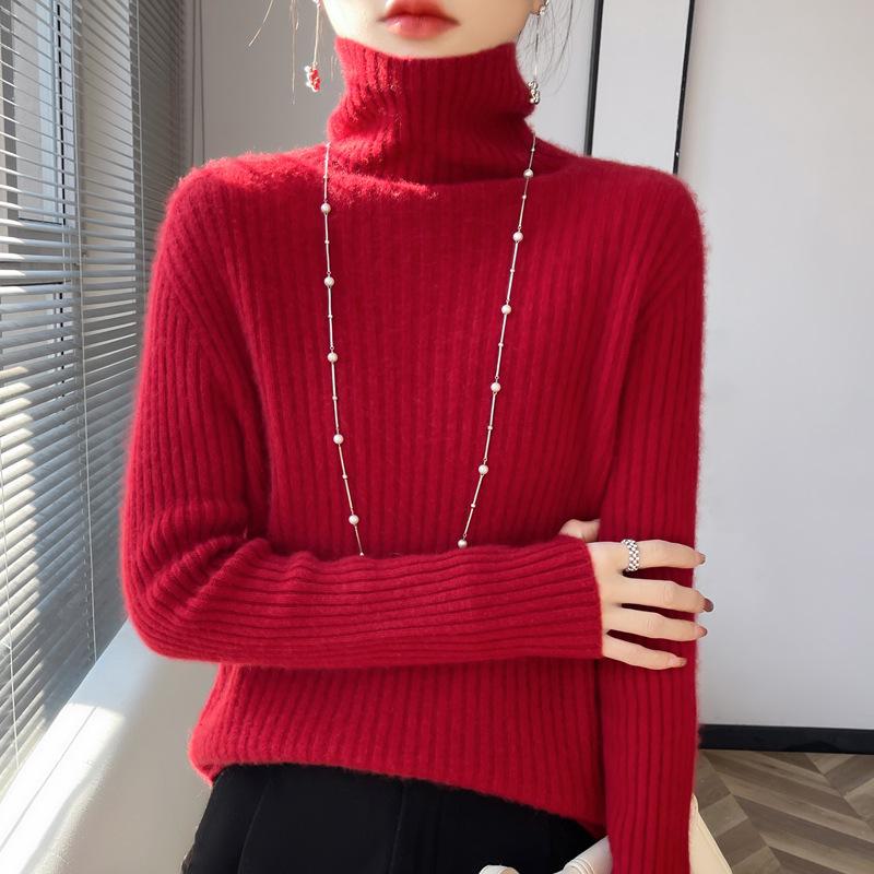 

Жіночий в язаний светр з високим коміром осінь/зима: Вільний приталений пуловер M червоний/Вишня