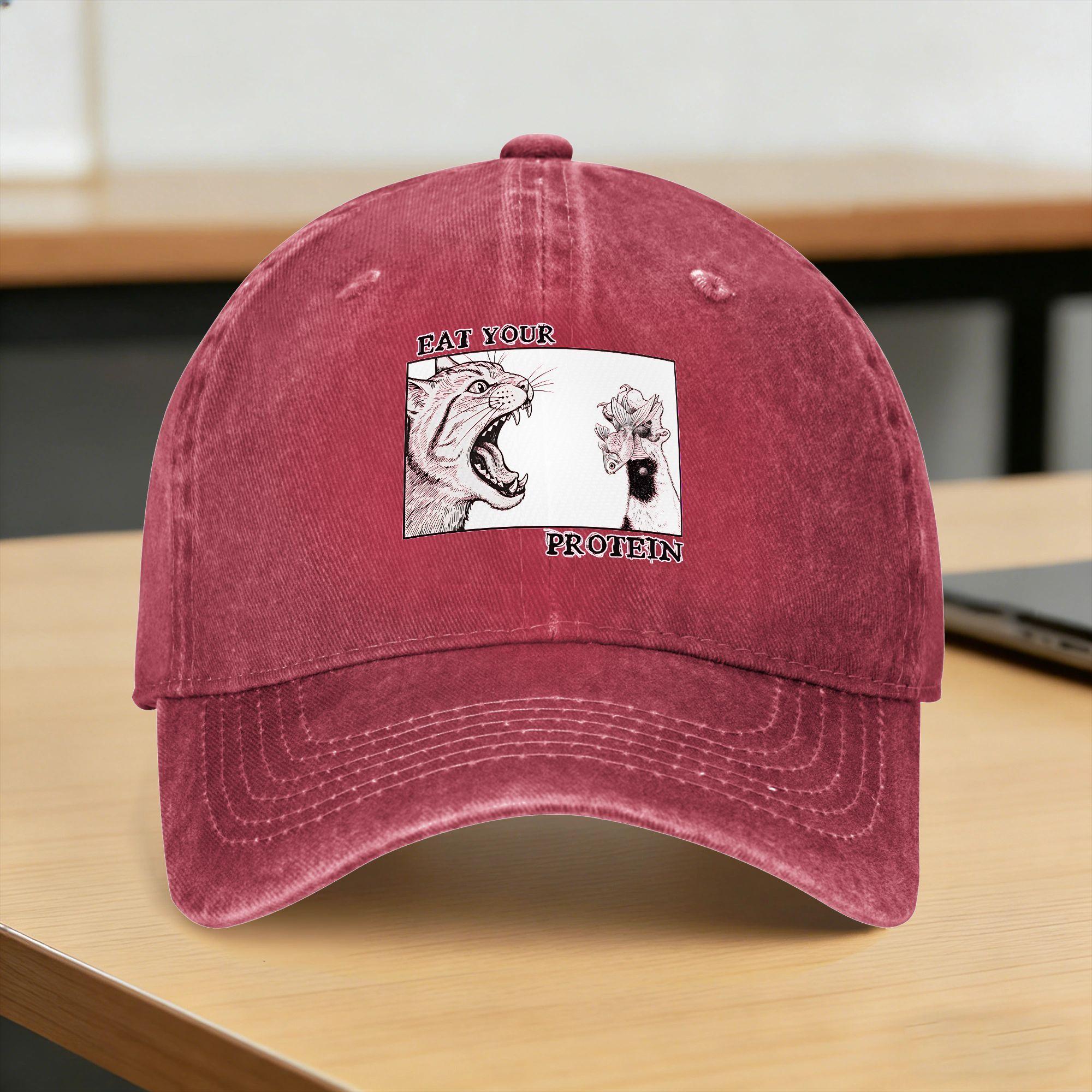 

Eat Your Protein Washed Baseball Cap y2k Retro Sun Trucker Hat Summer Unisex Adult Hunting Camping Baseball Caps One Size
