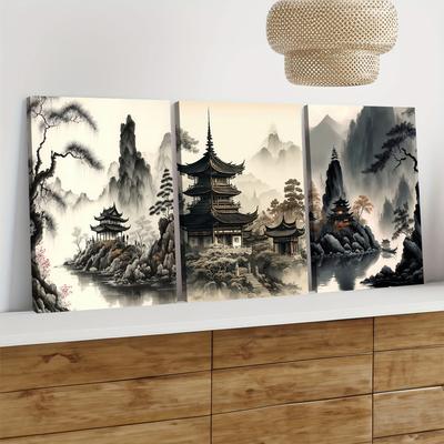 3 Pieces of New Chinese Ink Landscape Canvas Decorative Paintings, Chinese Style Zen Landscape Pavilions, Living Rooms, Entrance