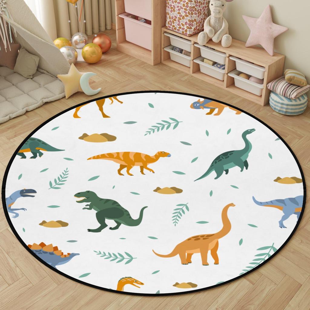 Cartoon Dinosaur Round Carpet Cute Dino Circle Rug for Living Room Playroom Office Laundry Decor Non-slip Comfort Play Yoga Mat