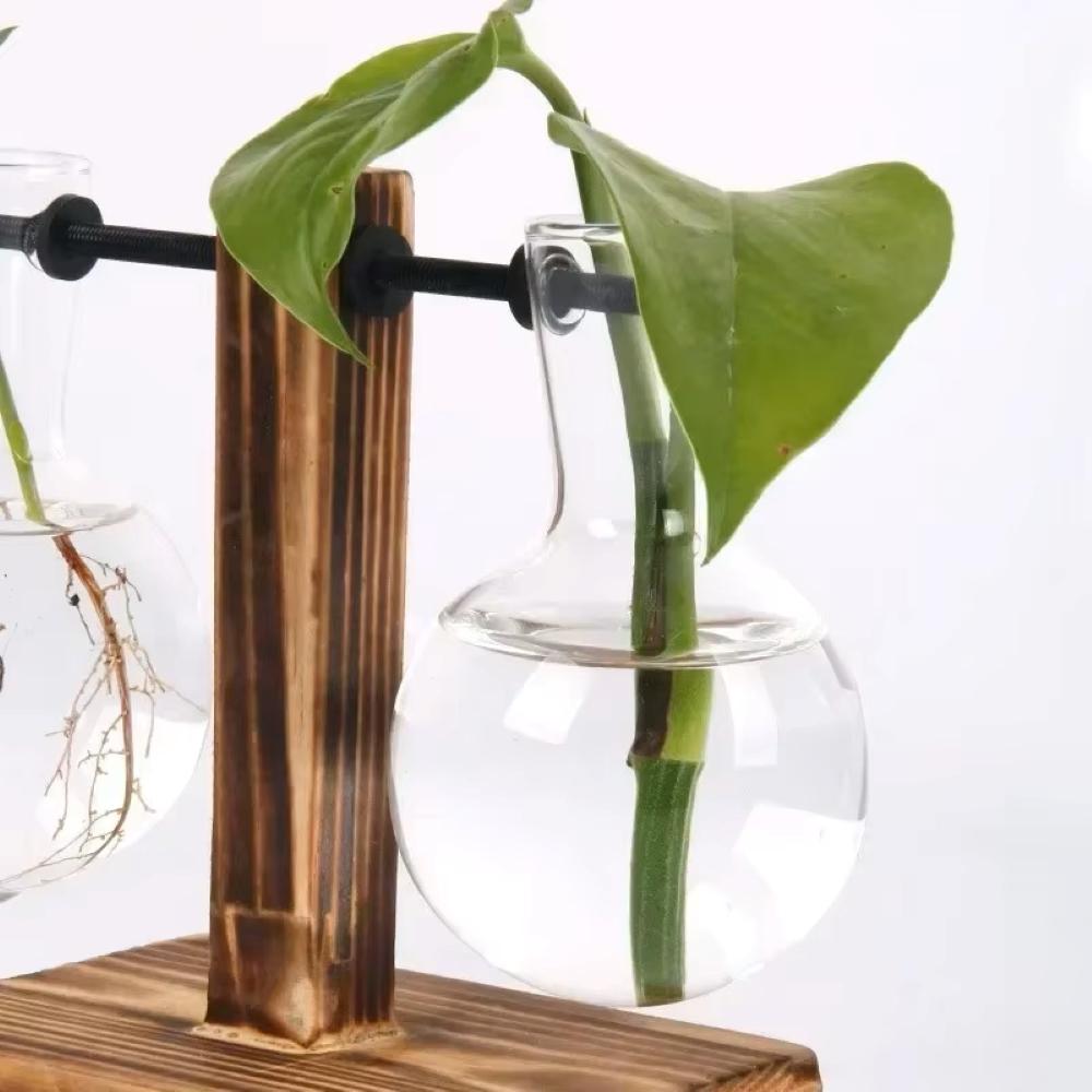 Glass Vase Hydroponic Plant Container Desktop Planter Wooden Vase Stand Bulb Water Planting Propagation Flower Vase Planters