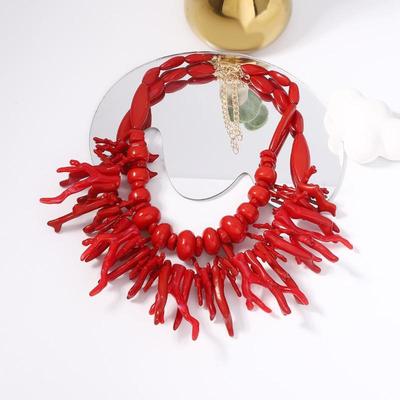 Trendy Vintage Beaded Chain Bohemian Necklaces For Women Big Beads Coral Pendant Jewelry Gift
