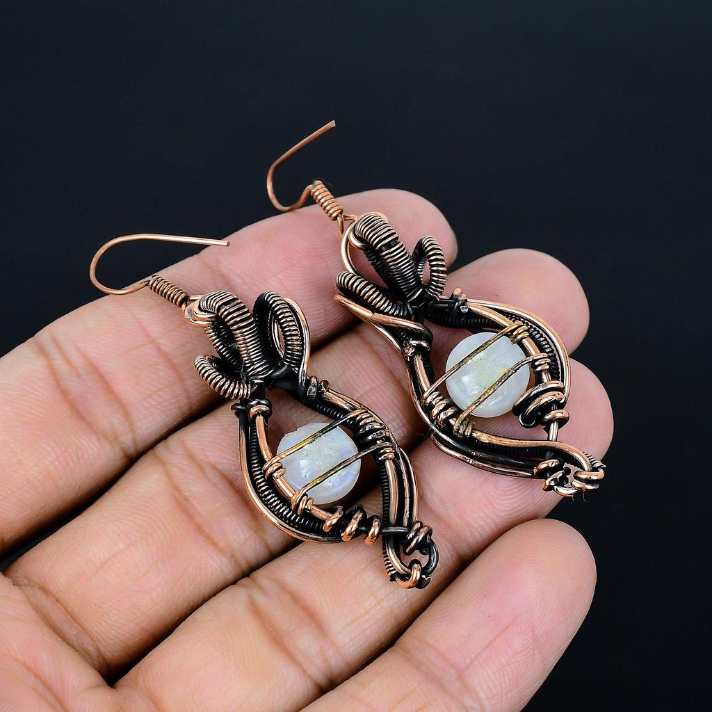 Rainbow Moonstone Earrings, Gemstone Handmade Pure Copper Wire Wrap Jewelry Earrings, Love Forever Gift