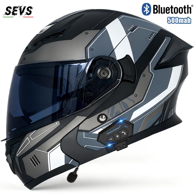 All-Season Universal Flip-up Motorcycle Helmet with Double Visor and Bluetooth Earbuds for Men and Women