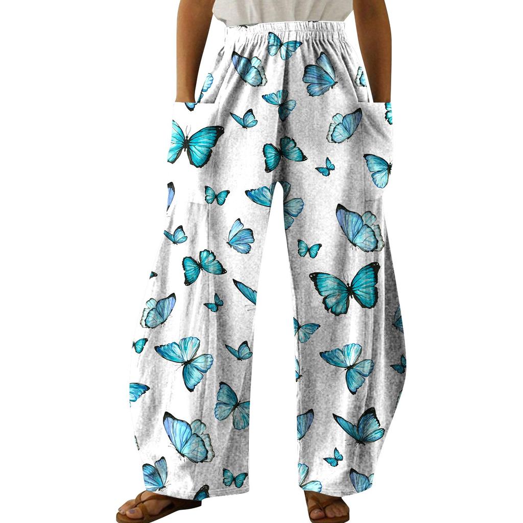 Womens Summer Print Casual Loose Pants Plus Size Loose Beach Pants