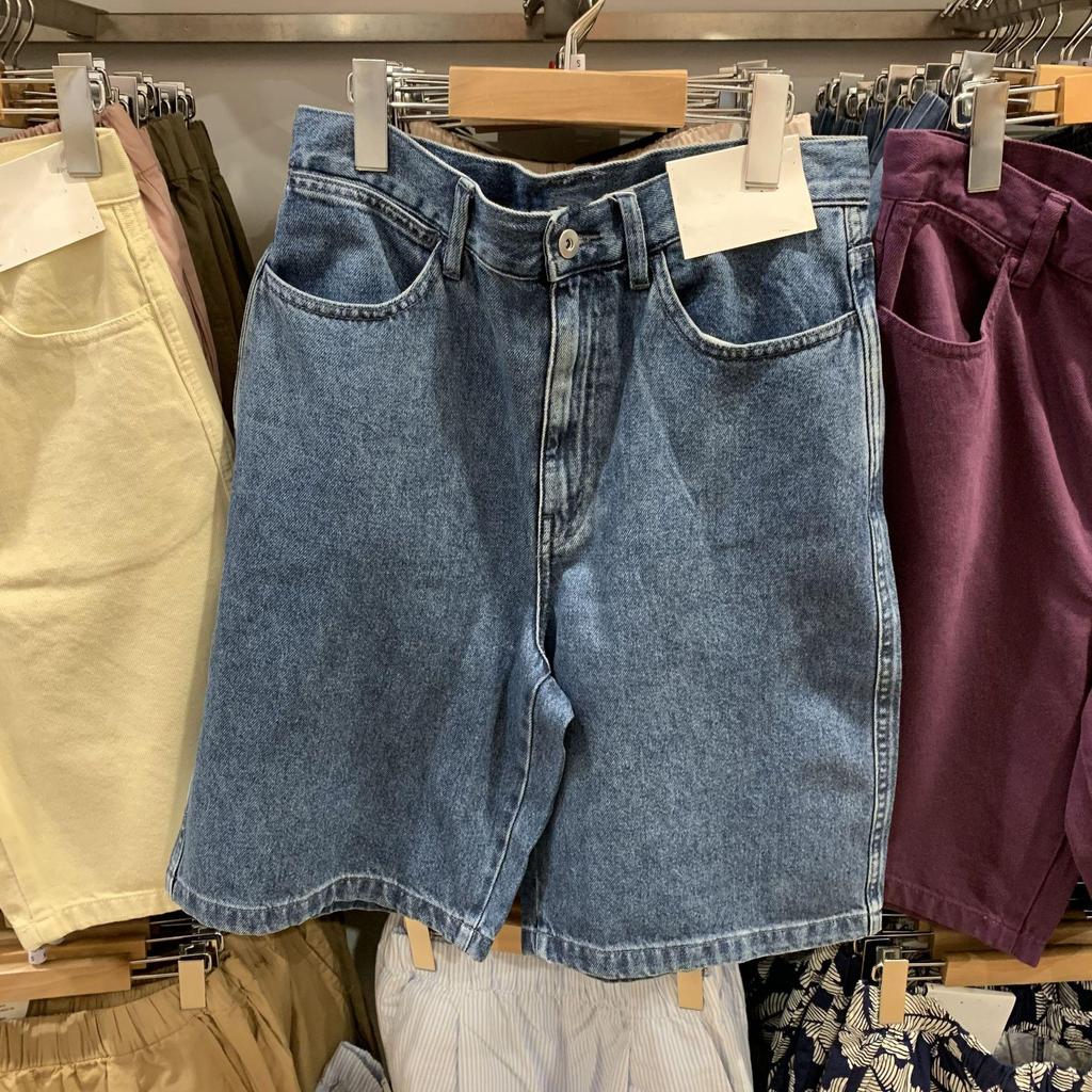 Japanese Women's Washed Denim Bermuda Shorts, Mid-Length Straight Leg, Spring/Summer Collection, Style 25.