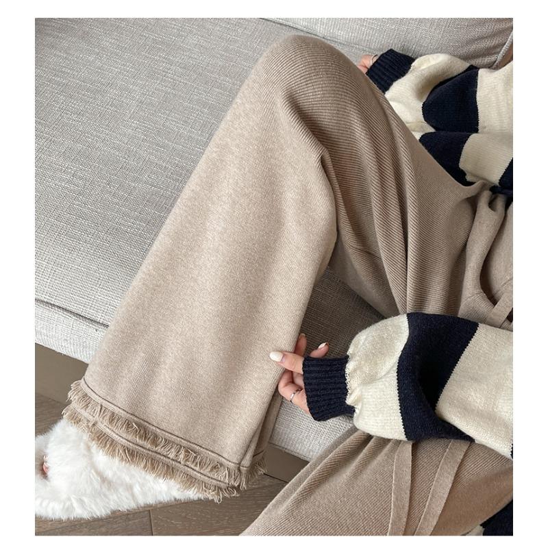 

2024 Женские трикотажные брюки с бахромой на шнурке, осень и зима, новые эластичные тонкие свободные длинные брюки с высокой талией на шнурке, женские широкие брюки 2690 2XL