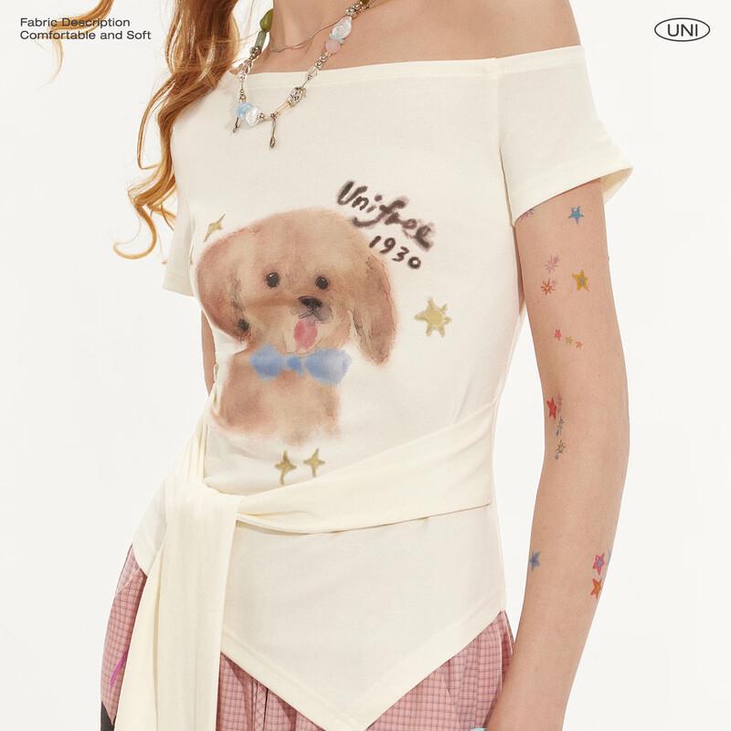UNIFREE 2026 Summer Cute Pet Print Off-Shoulder T-Shirt