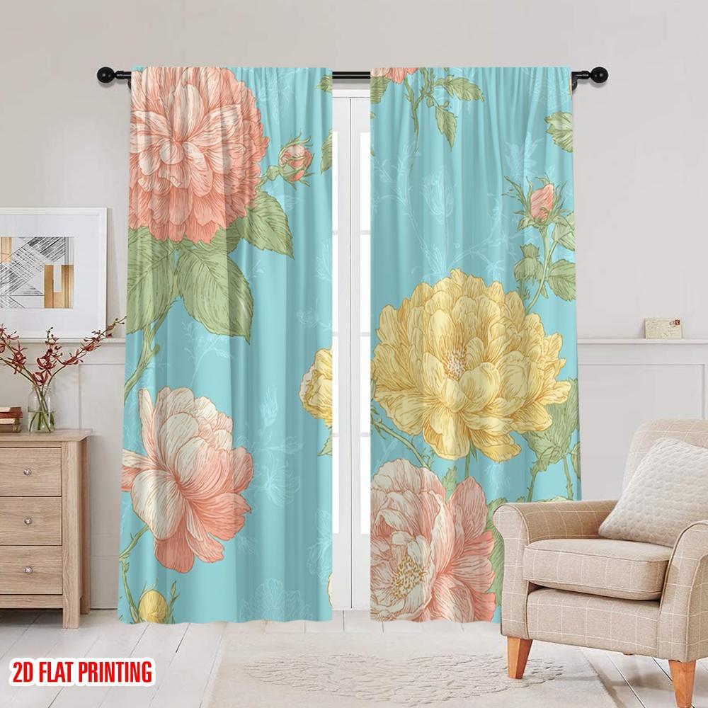 2pcs 2D Flat Printing Drapes Vintage Floral Rose Digital Printed Polyester Drapes Festive Curtains Use for Photo Booths &