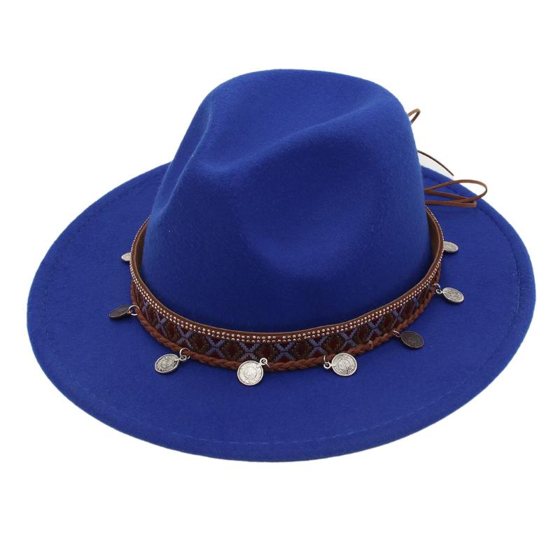 Ethnic Topper Hat Imitation Silver Accessories Felt Hat Jazz Hat Big Brim Stage Performance Hat