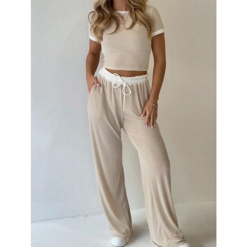 Damen Lässiges Farbblock Zweiteiliges Set mit Kurzarm und Weitbeiniger Hose Sportset