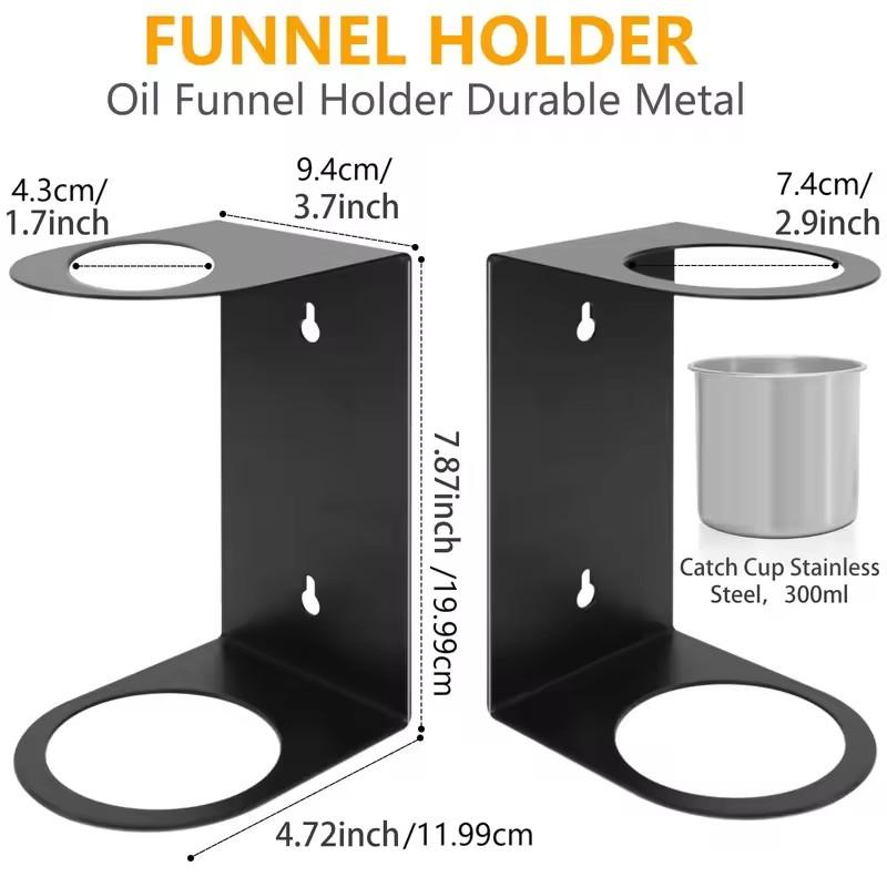Two-Pack Wall Oil Funnel Storage Racks with Removable Drip Trays for Workshop and Garage
