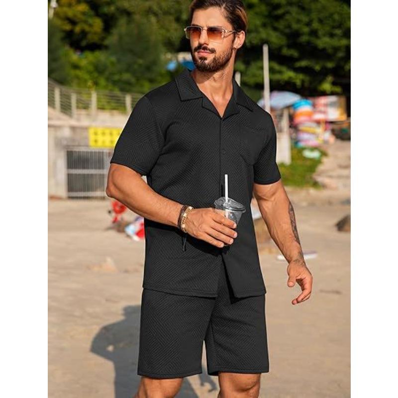 Men's Summer Casual Texture Beach Short-sleeved Knitted Sweater Buckle and Shorts Set