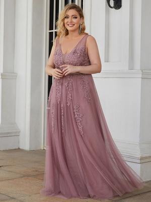 Ever-Pretty Women's V-Neck Lace Appliques Tulle Sleeveless Plus Size Summer Evening Dress
